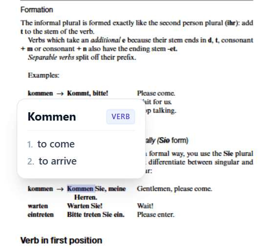 LingoPDF PDF Reader displaying German grammar document with inline floating dictionary tooltip for the verb Kommen